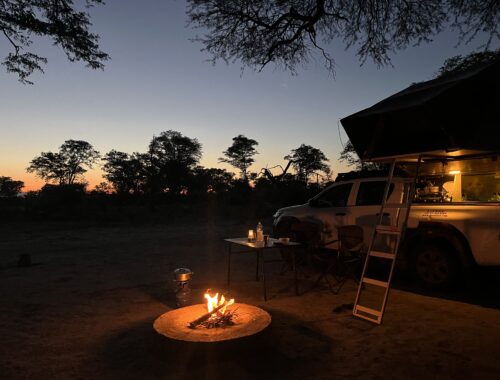Tombée de la nuit en 4x4 avec tente de toit au Botswana
